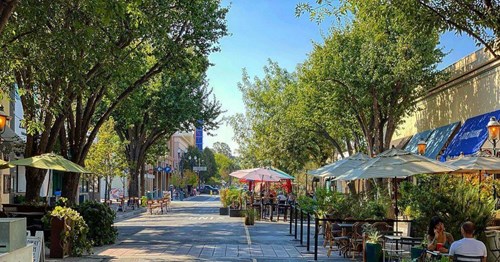 City center street lined with trees and outdoor eating space