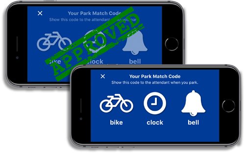 2 horizontal smartphone screens showing pictographs of a bike, clock and bell on a blue background, one is stamped with a green approved
