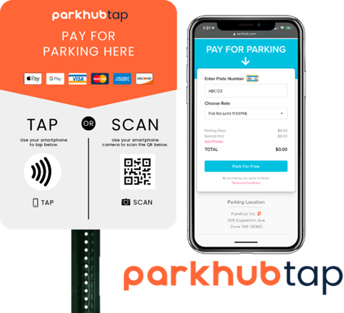 Car park signpost with ParkHub Tap logo, text: "Pay for parking here" and QR code 