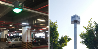 2 photos, one of a green parking guidance indicator in a parking garage and the other of a parking guidance pillar in a parking lot with sky and trees in background